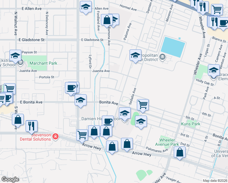 map of restaurants, bars, coffee shops, grocery stores, and more near 2621 Majella Avenue in La Verne