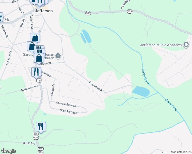 map of restaurants, bars, coffee shops, grocery stores, and more near 363 Peachtree Road in Jefferson