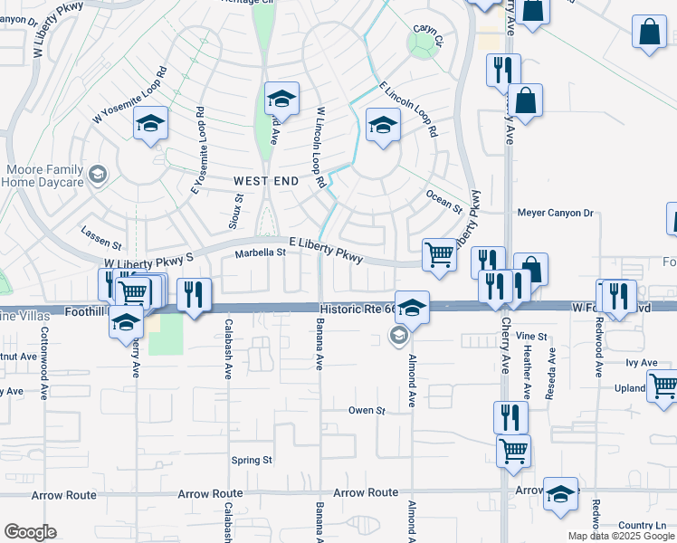 map of restaurants, bars, coffee shops, grocery stores, and more near 8043 San Tropez Court in Fontana