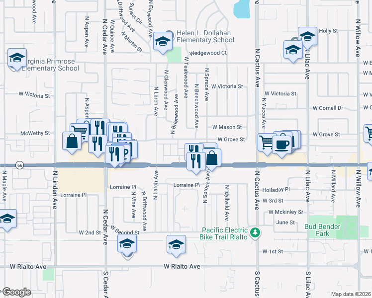map of restaurants, bars, coffee shops, grocery stores, and more near 997 West Grove Street in Rialto