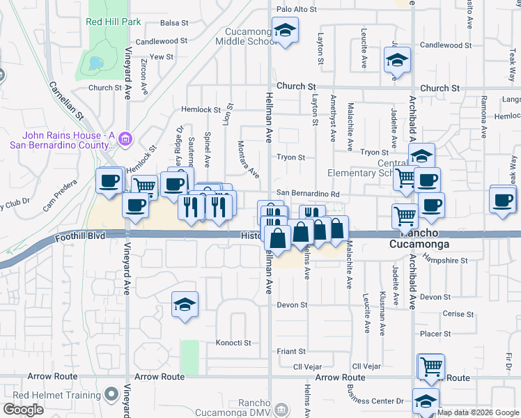 map of restaurants, bars, coffee shops, grocery stores, and more near 8028 Montara Avenue in Rancho Cucamonga