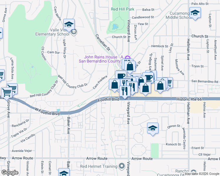 map of restaurants, bars, coffee shops, grocery stores, and more near 8013 City View Place in Rancho Cucamonga