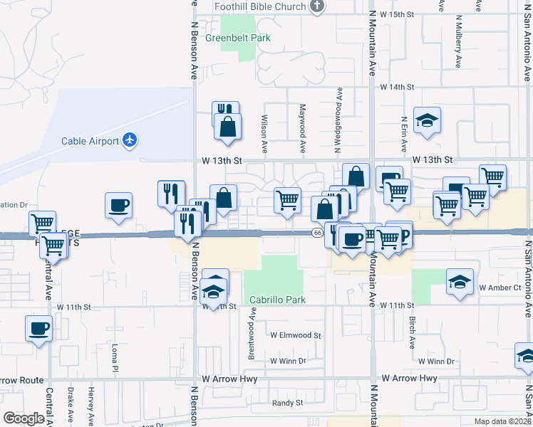 map of restaurants, bars, coffee shops, grocery stores, and more near 1429 Springfield Street in Upland