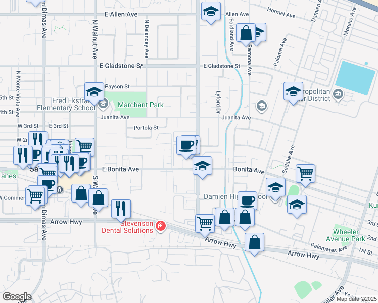 map of restaurants, bars, coffee shops, grocery stores, and more near 301 North San Dimas Canyon Road in San Dimas