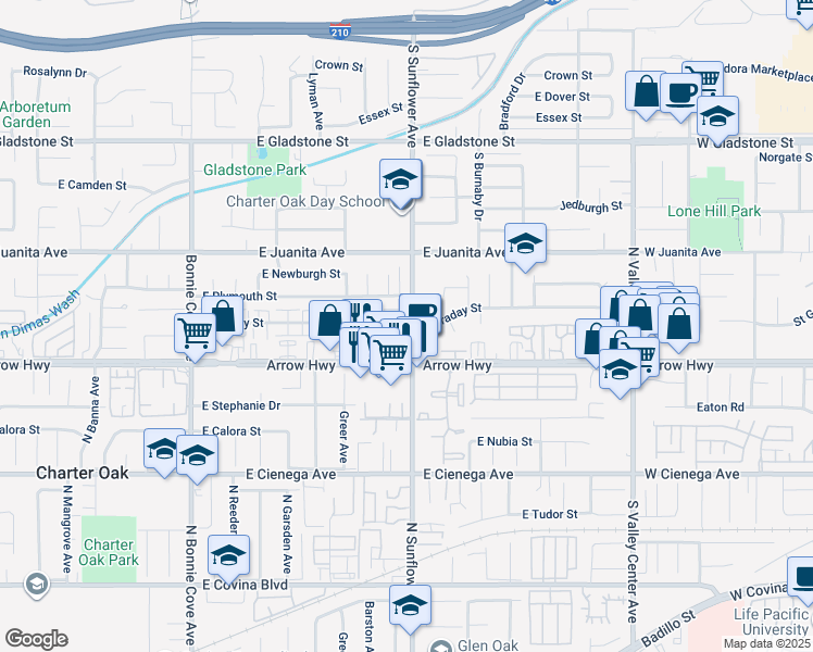 map of restaurants, bars, coffee shops, grocery stores, and more near 1662 South Sunflower Avenue in Glendora