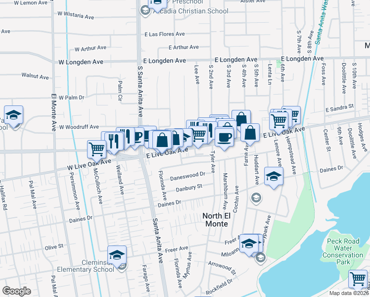 map of restaurants, bars, coffee shops, grocery stores, and more near 2619 Greenfield Avenue in Arcadia