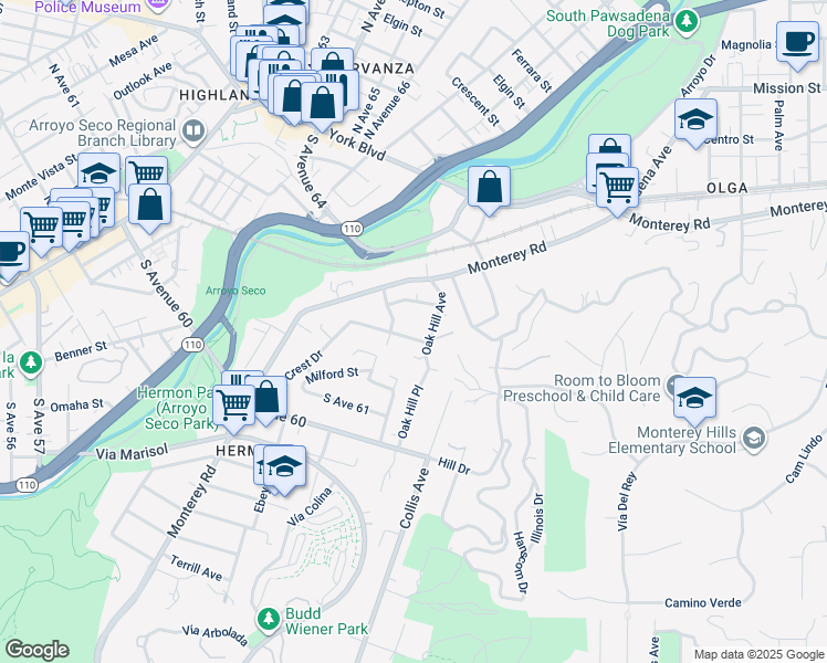 map of restaurants, bars, coffee shops, grocery stores, and more near 25 Short Way in South Pasadena