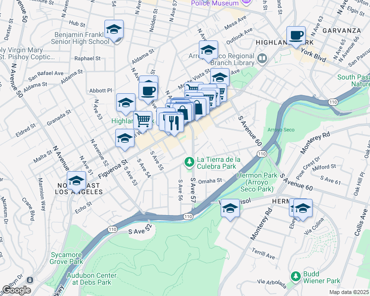 map of restaurants, bars, coffee shops, grocery stores, and more near 140 South Avenue 57 in Los Angeles