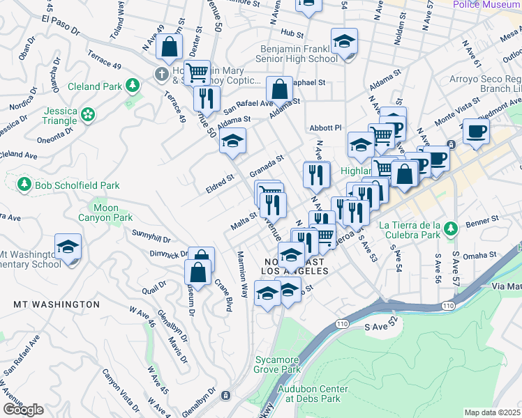 map of restaurants, bars, coffee shops, grocery stores, and more near 423 1/2 North Avenue 50 in Los Angeles
