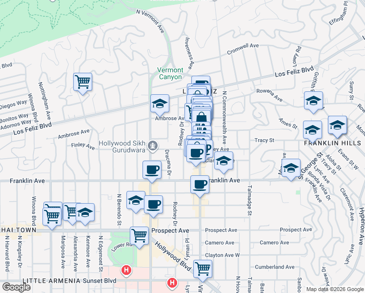 map of restaurants, bars, coffee shops, grocery stores, and more near 2028 Rodney Drive in Los Angeles