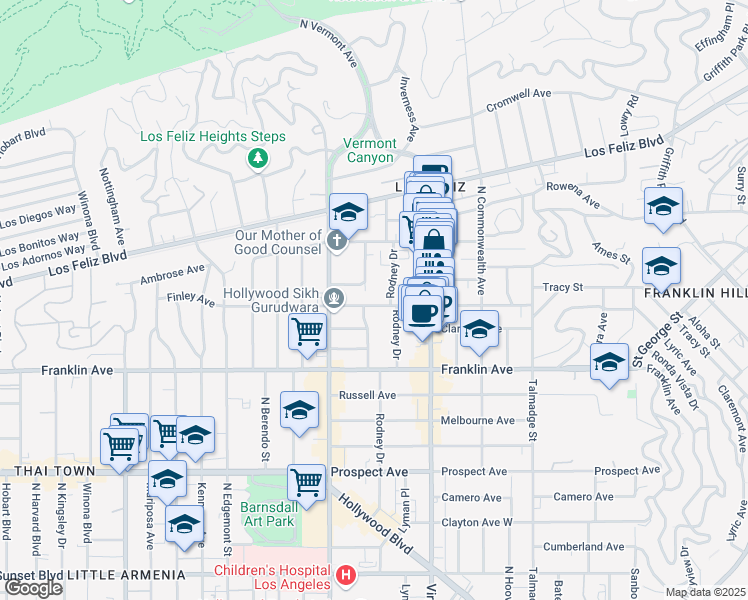 map of restaurants, bars, coffee shops, grocery stores, and more near 2024 1/2 Dracena Drive in Los Angeles