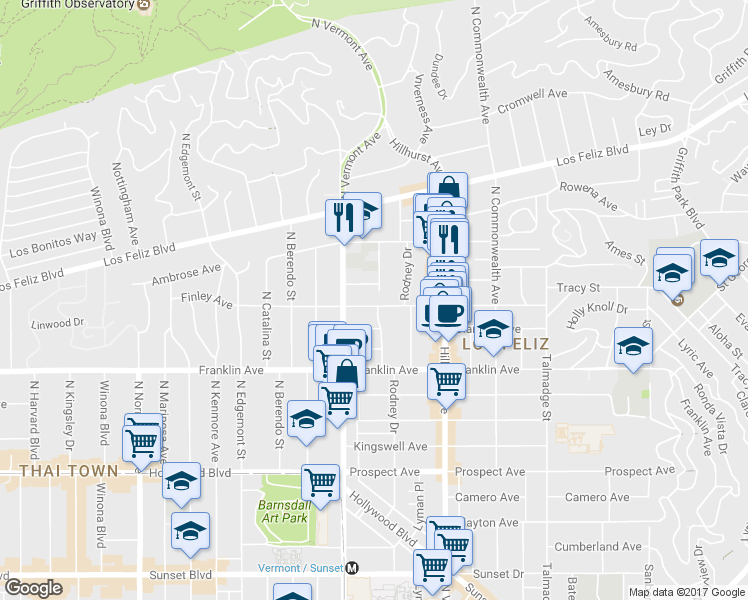 map of restaurants, bars, coffee shops, grocery stores, and more near 2024 1/2 Dracena Drive in Los Angeles