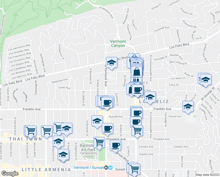 map of restaurants, bars, coffee shops, grocery stores, and more near 2030 North Vermont Avenue in Los Angeles