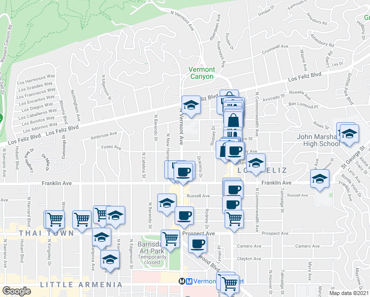 map of restaurants, bars, coffee shops, grocery stores, and more near 2030 North Vermont Avenue in Los Angeles