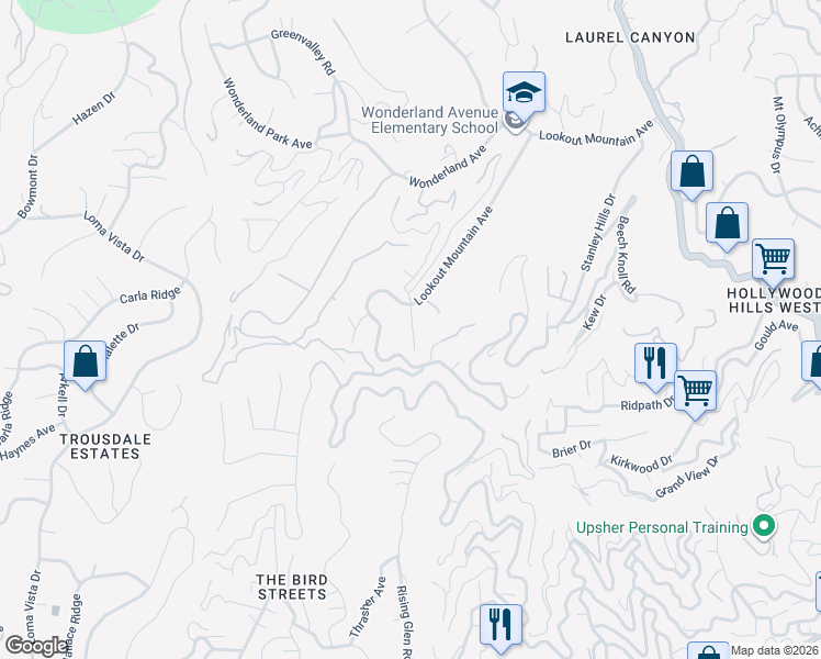map of restaurants, bars, coffee shops, grocery stores, and more near 8764 Lookout Mountain Avenue in West Hollywood