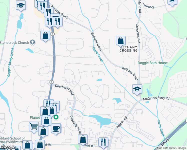 map of restaurants, bars, coffee shops, grocery stores, and more near 310 Silhouette Court in Alpharetta