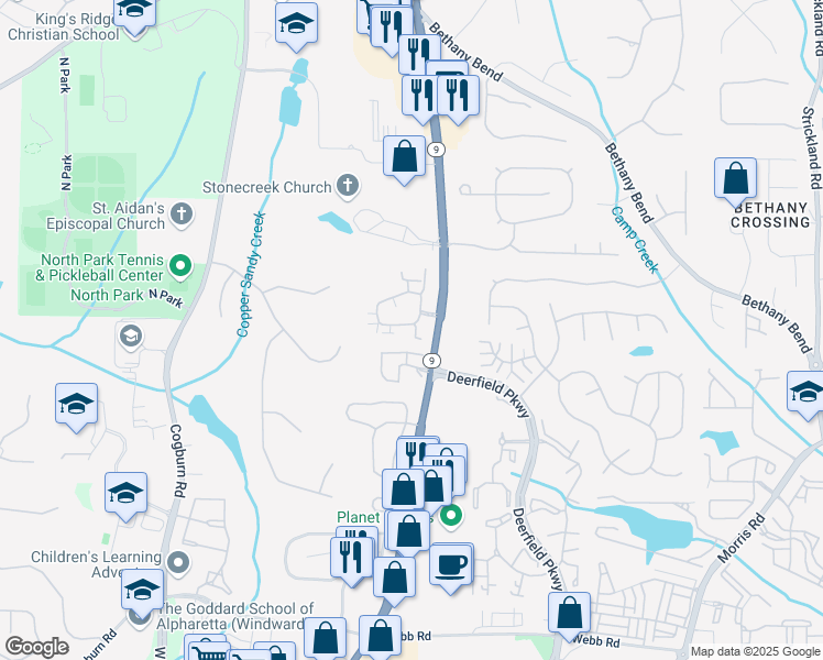 map of restaurants, bars, coffee shops, grocery stores, and more near 3077 Oakside Circle in Alpharetta
