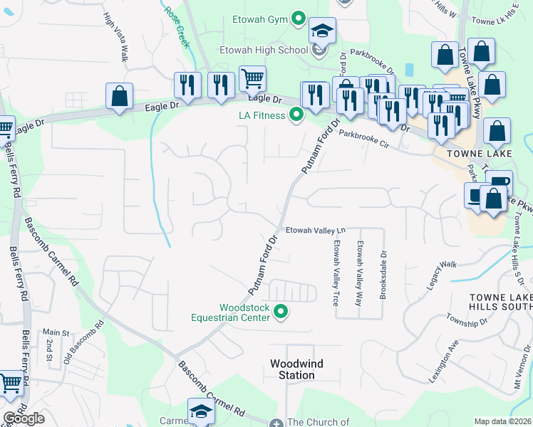 map of restaurants, bars, coffee shops, grocery stores, and more near 2006 Spicers Lane in Woodstock
