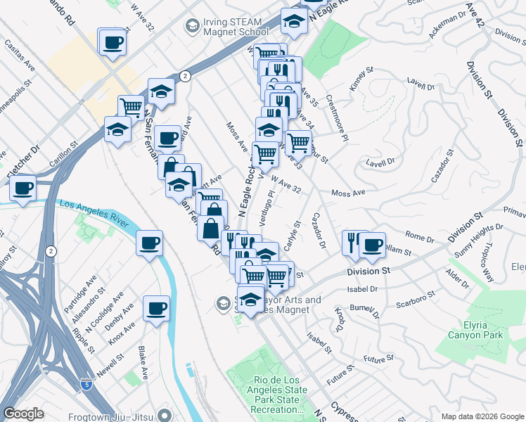 map of restaurants, bars, coffee shops, grocery stores, and more near 3149 Verdugo Place in Los Angeles
