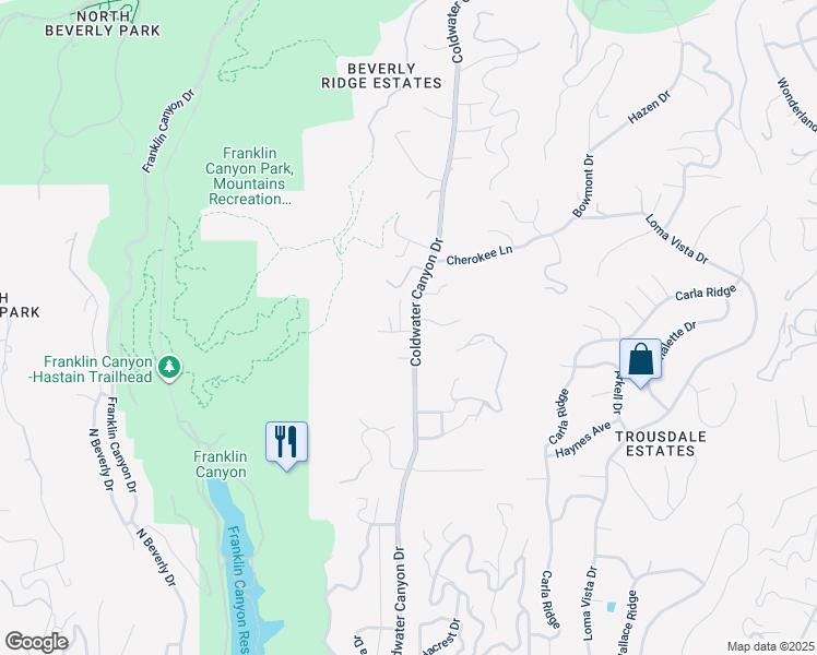 map of restaurants, bars, coffee shops, grocery stores, and more near 2001 Coldwater Canyon Drive in Beverly Hills