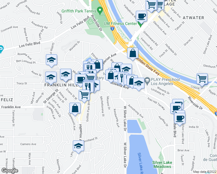map of restaurants, bars, coffee shops, grocery stores, and more near 2928 Rowena Avenue in Los Angeles