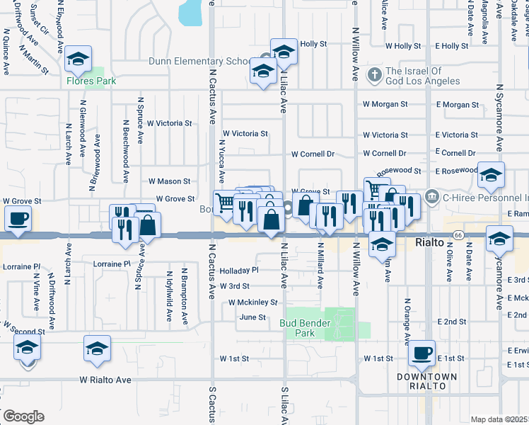 map of restaurants, bars, coffee shops, grocery stores, and more near 531 West Ramona Drive in Rialto