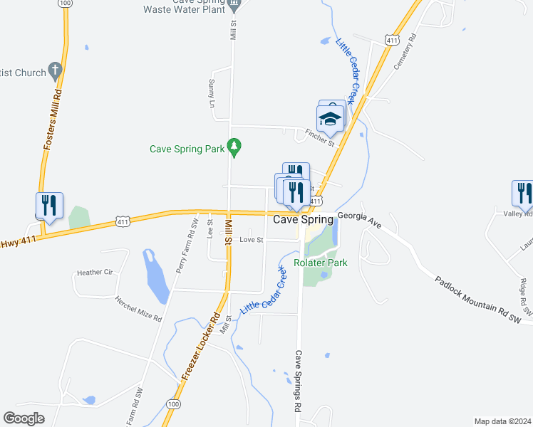 map of restaurants, bars, coffee shops, grocery stores, and more near Alabama Street in Cave Spring