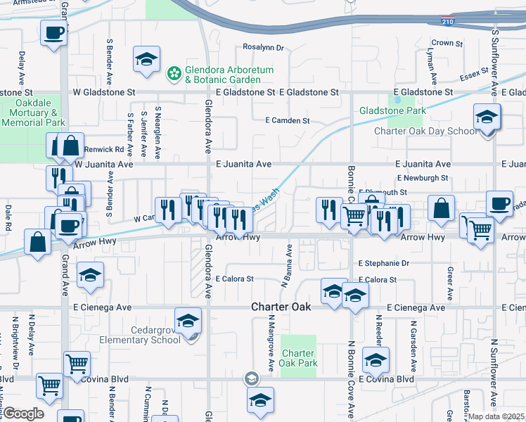 map of restaurants, bars, coffee shops, grocery stores, and more near 201 East Arrow Highway in Glendora