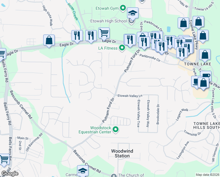 map of restaurants, bars, coffee shops, grocery stores, and more near 2006 Spicers Ln in Woodstock