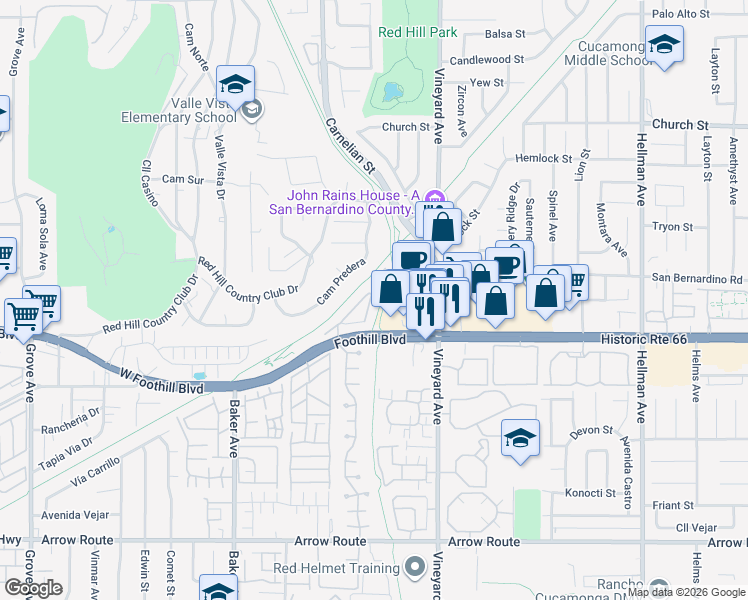 map of restaurants, bars, coffee shops, grocery stores, and more near 8013 City View Place in Rancho Cucamonga
