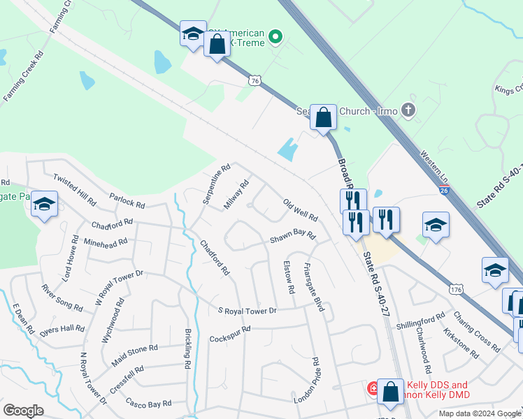 map of restaurants, bars, coffee shops, grocery stores, and more near 100 Jonathan Lane in Irmo