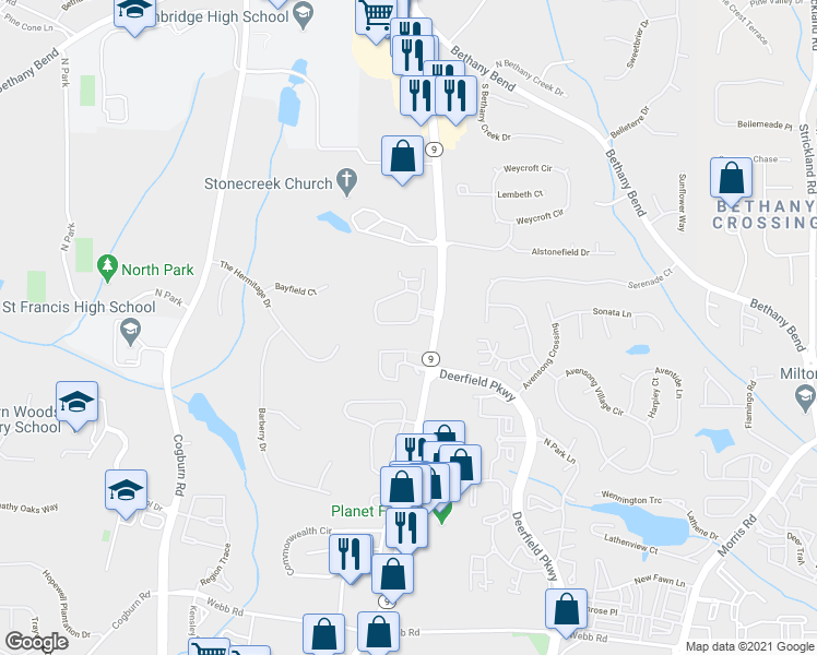 map of restaurants, bars, coffee shops, grocery stores, and more near 3077 Oakside Circle in Alpharetta