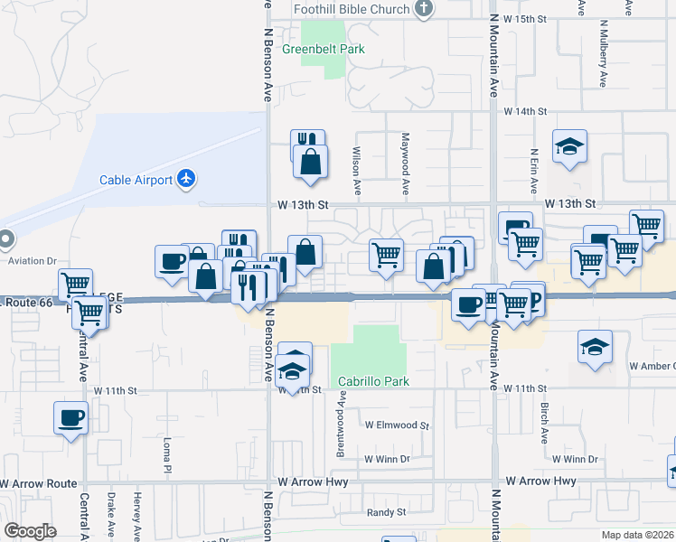 map of restaurants, bars, coffee shops, grocery stores, and more near 1487 Florence Court in Upland