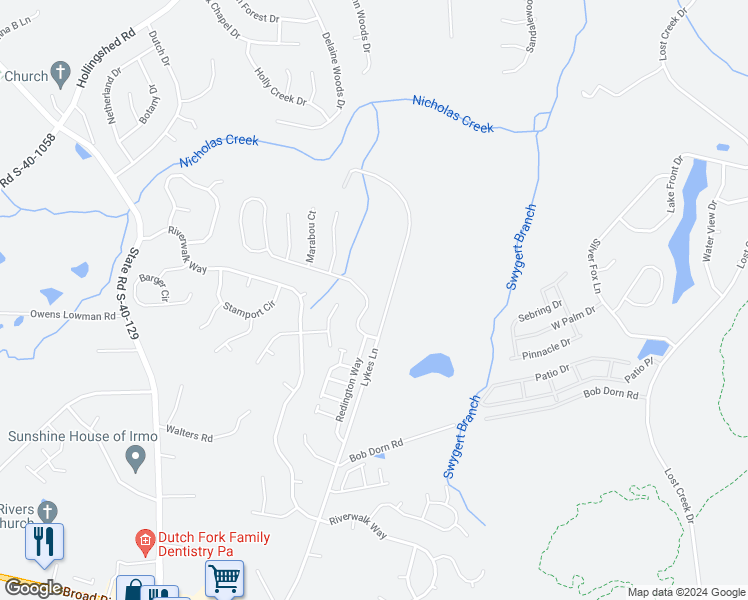 map of restaurants, bars, coffee shops, grocery stores, and more near 122 Caddis Creek Road in Irmo