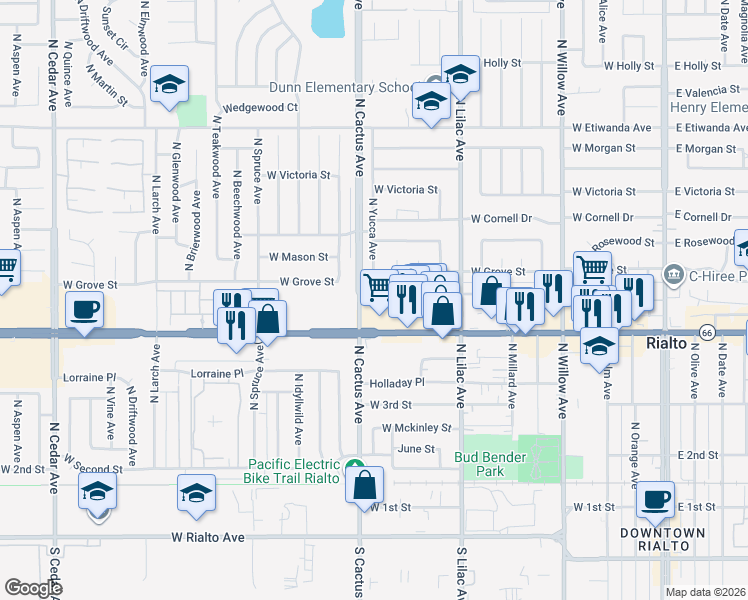 map of restaurants, bars, coffee shops, grocery stores, and more near 643 West Ramona Drive in Rialto