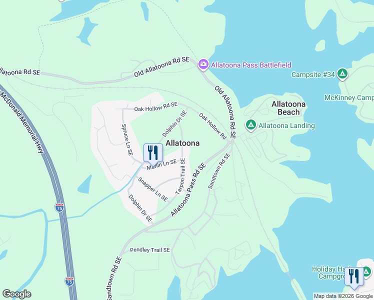 map of restaurants, bars, coffee shops, grocery stores, and more near 128 Tarpon Trail Southeast in Cartersville