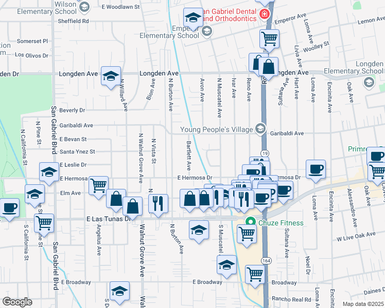 map of restaurants, bars, coffee shops, grocery stores, and more near 6006 Bartlett Avenue in San Gabriel