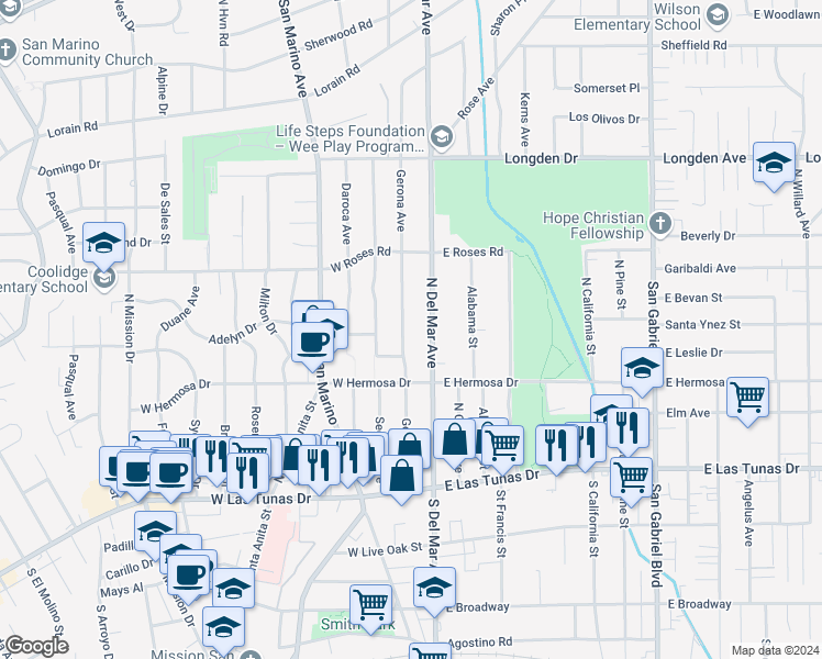 map of restaurants, bars, coffee shops, grocery stores, and more near 404 Gerona Avenue in San Gabriel