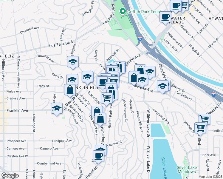 map of restaurants, bars, coffee shops, grocery stores, and more near Hyperion Ave & Monon St in Los Angeles
