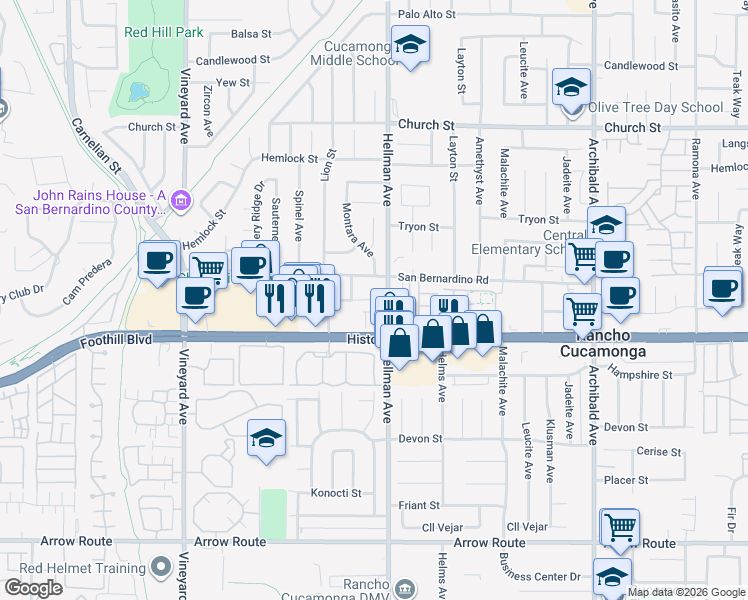 map of restaurants, bars, coffee shops, grocery stores, and more near 8028 Montara Avenue in Rancho Cucamonga