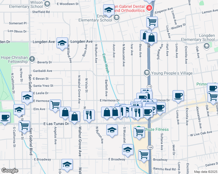map of restaurants, bars, coffee shops, grocery stores, and more near 6006 Bartlett Avenue in San Gabriel