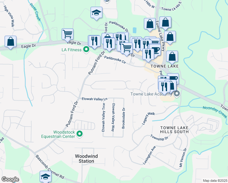 map of restaurants, bars, coffee shops, grocery stores, and more near 219 Eagle Glen Way in Woodstock