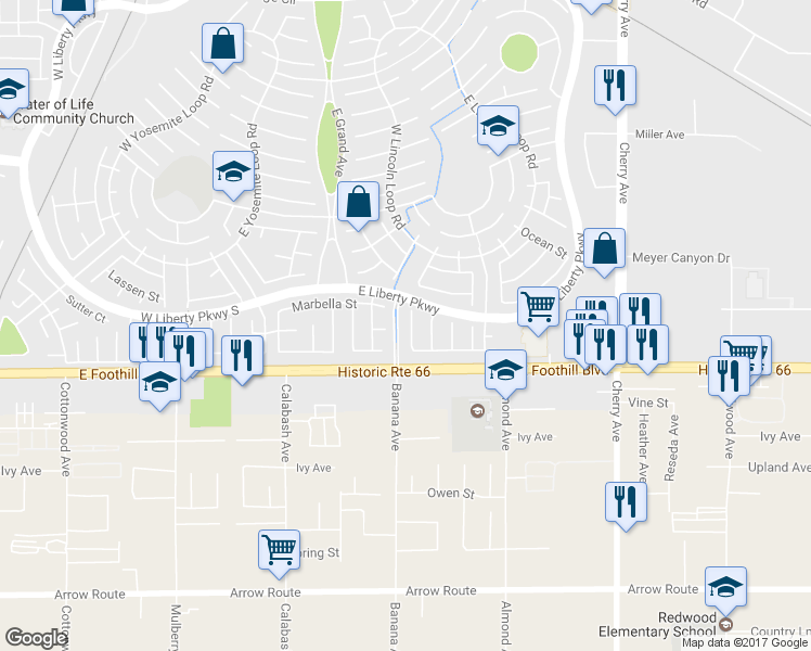 map of restaurants, bars, coffee shops, grocery stores, and more near 8042 San Tropez Court in Fontana