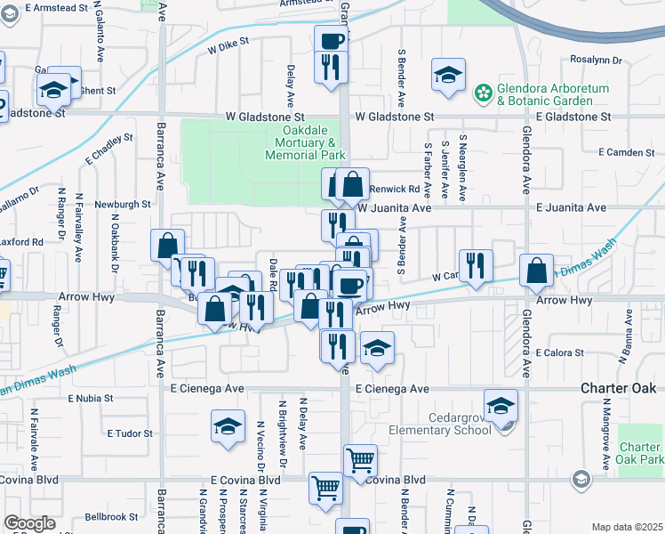 map of restaurants, bars, coffee shops, grocery stores, and more near 1717 South Grand Avenue in Glendora