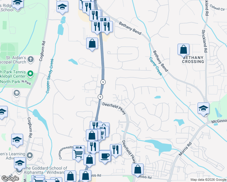 map of restaurants, bars, coffee shops, grocery stores, and more near 2930 Serenade Court in Alpharetta