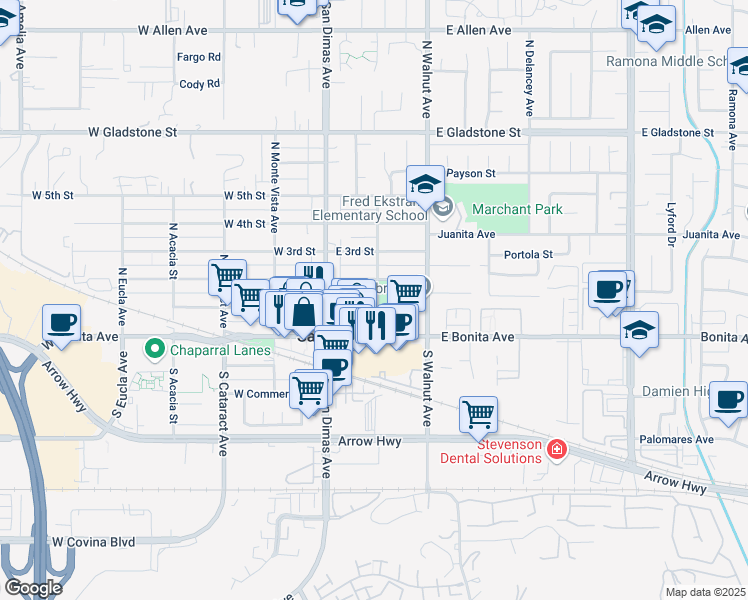 map of restaurants, bars, coffee shops, grocery stores, and more near 134 East 2nd Street in San Dimas