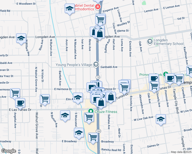 map of restaurants, bars, coffee shops, grocery stores, and more near 6007 Rosemead Boulevard in Temple City
