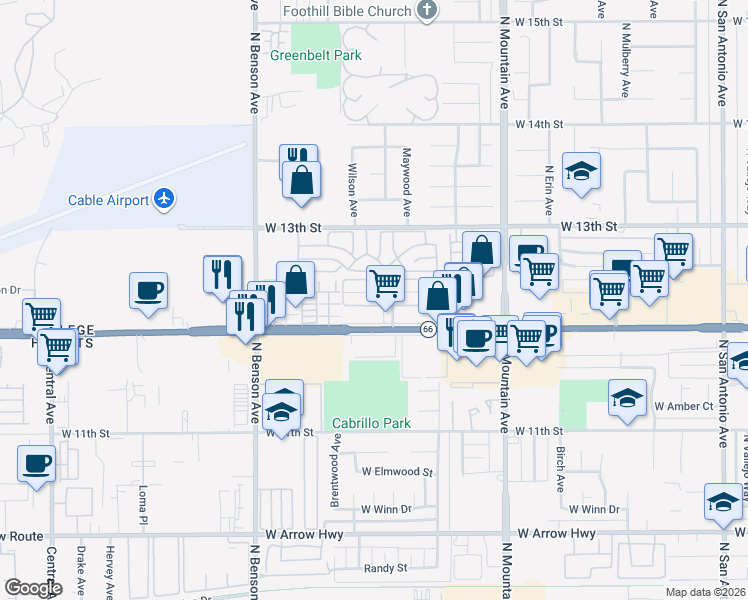 map of restaurants, bars, coffee shops, grocery stores, and more near 1429 Springfield Street in Upland