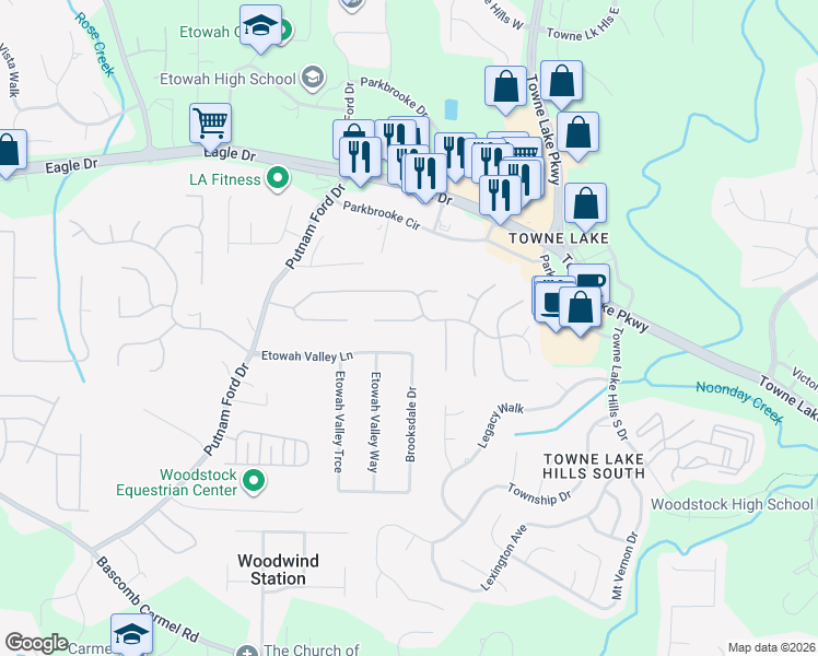 map of restaurants, bars, coffee shops, grocery stores, and more near 234 Eagle Glen Way in Woodstock