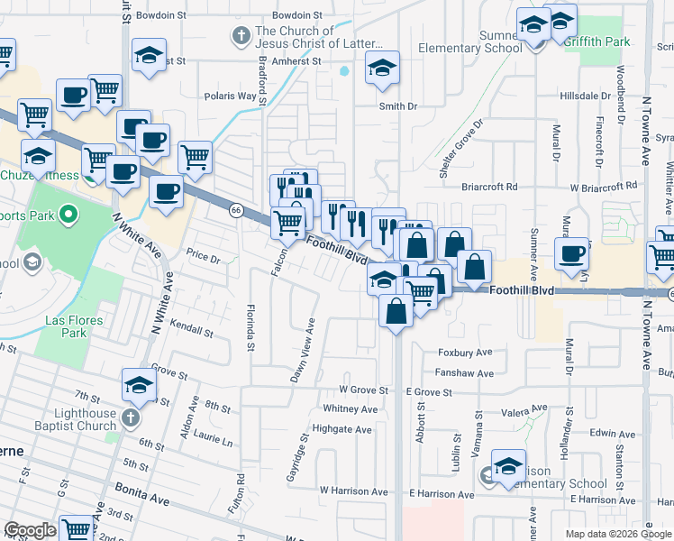 map of restaurants, bars, coffee shops, grocery stores, and more near 3426 Coral Way in Pomona